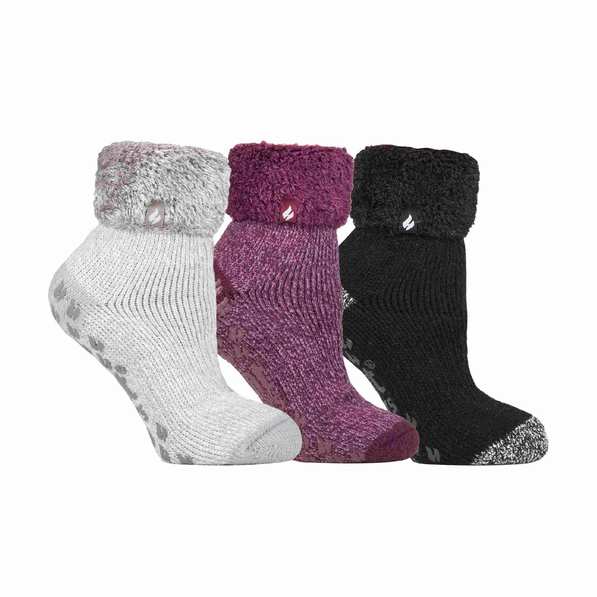 HEAT HOLDERS Womens 3 Pair Multipack Fluffy Fleece Slipper Bed Socks with Non Slip Grips