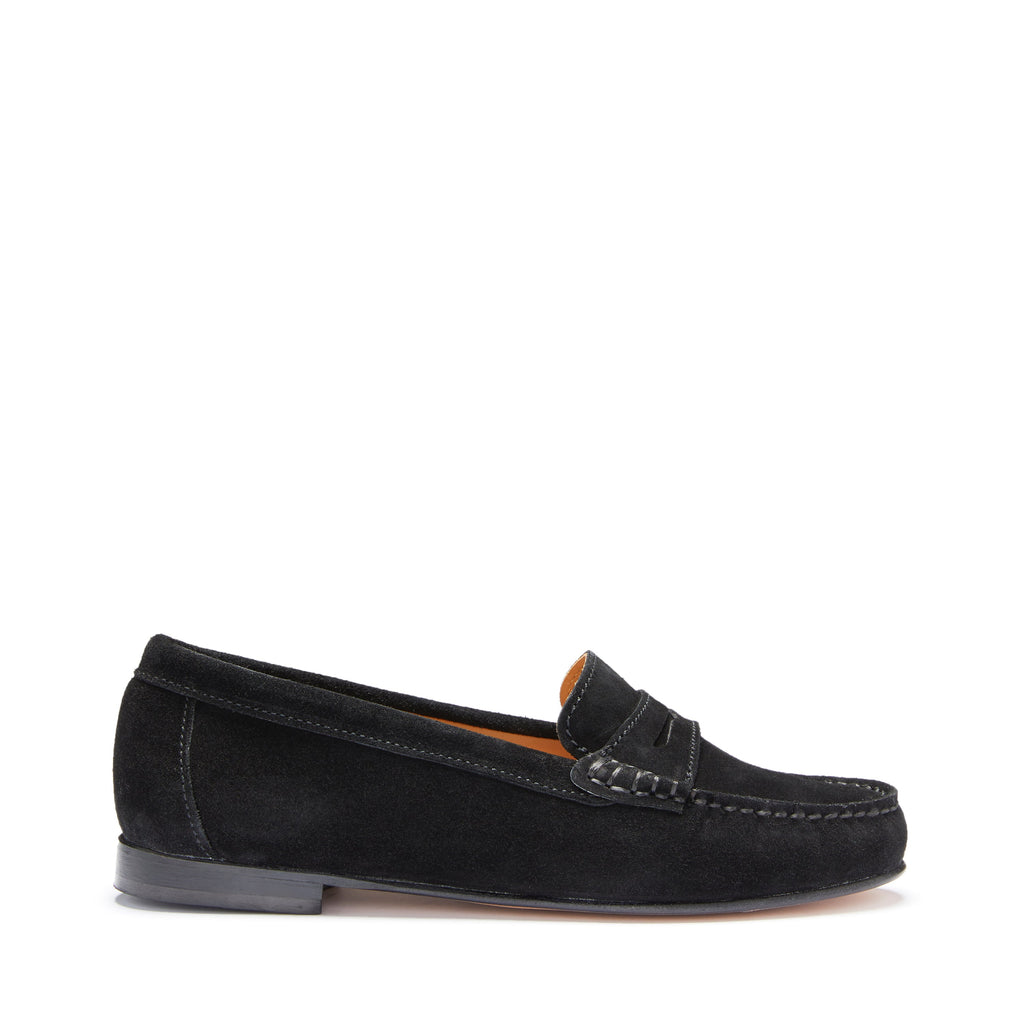 Hugs & Co Womens Penny Loafers Leather Sole Black Suede