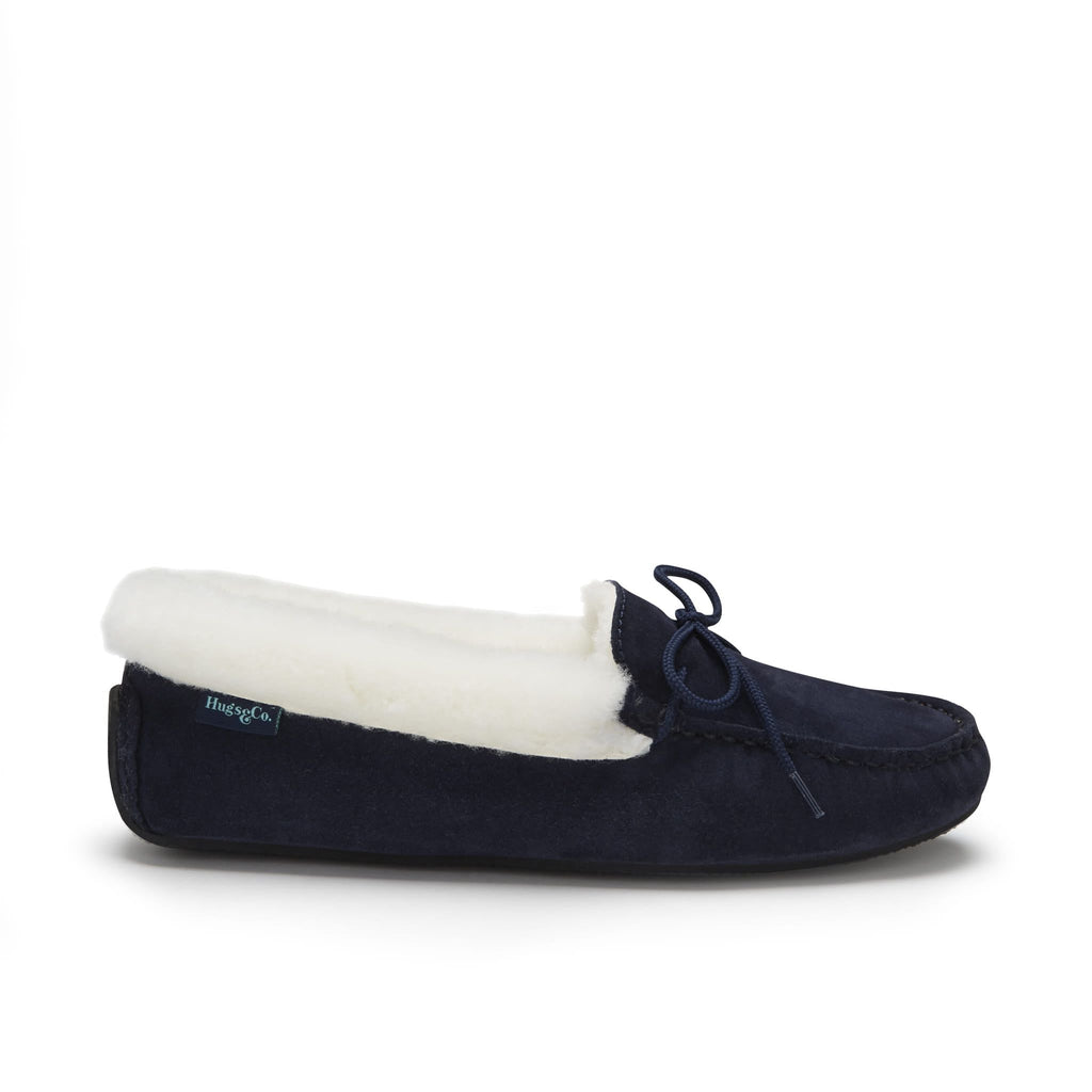 Hugs & Co Womens Slippers Sheepskin Navy Blue Suede