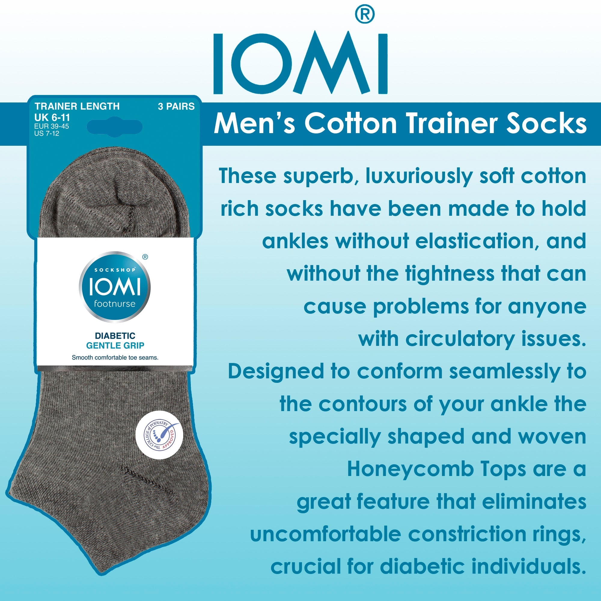 IOMI 6 Pack Mens Diabetic Trainer Socks
