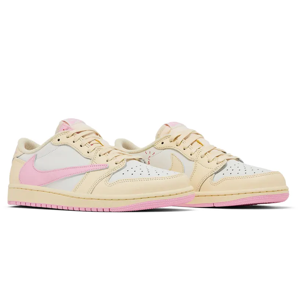 Travis Scott x Air Jordan 1 Low OG Shy Pink trainers top view showing laces