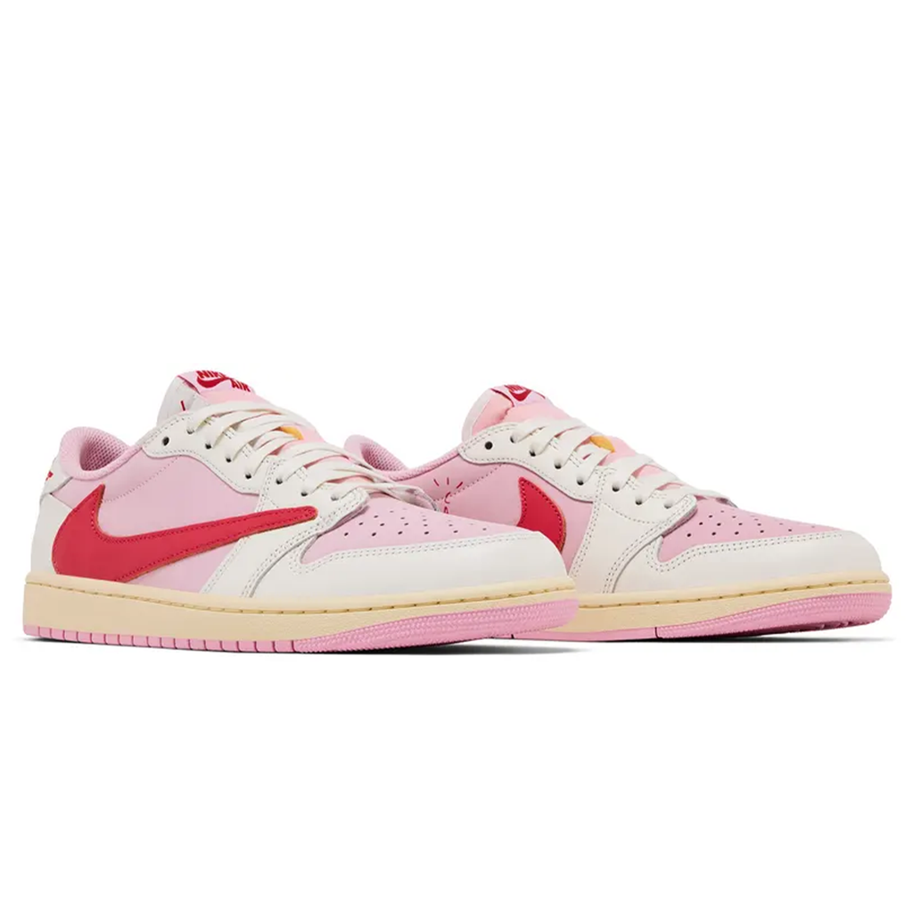 Travis Scott x Air Jordan 1 Low OG Sail Tropical Pink trainers top view showing laces