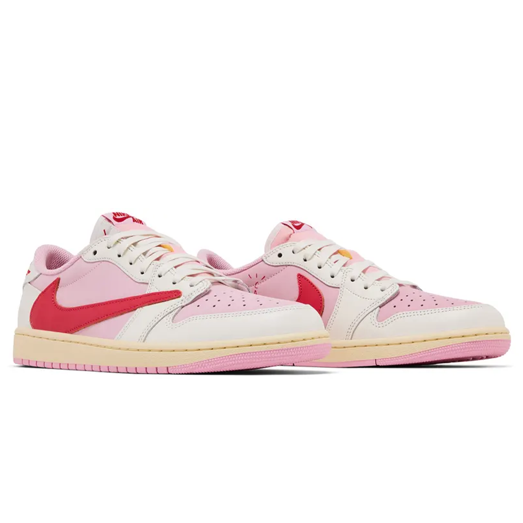Travis Scott x Air Jordan 1 Low OG Sail Tropical Pink trainers top view showing laces