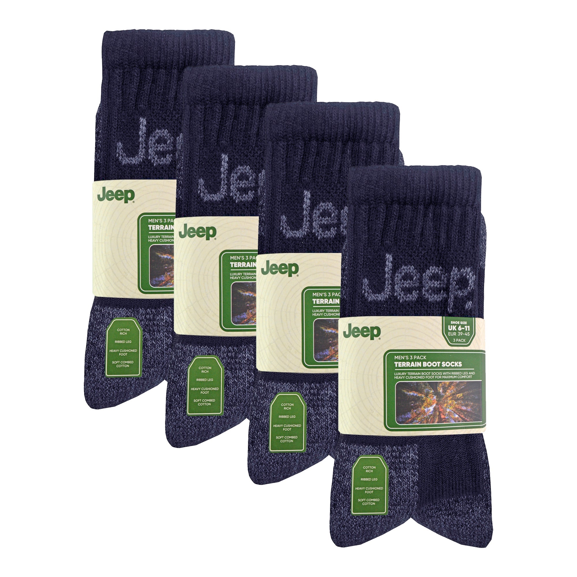 Jeep Mens Luxury Cushioned Cotton Hiking Socks Multipack Options