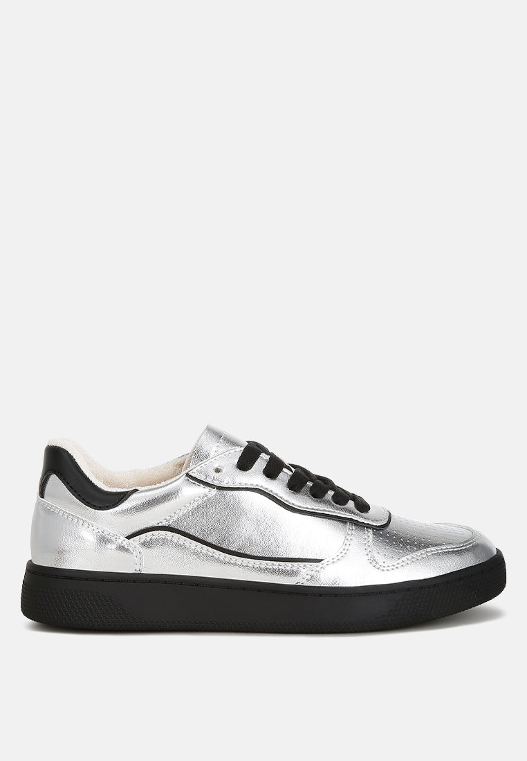 Leather Lace Up Round Toe Black Trainers