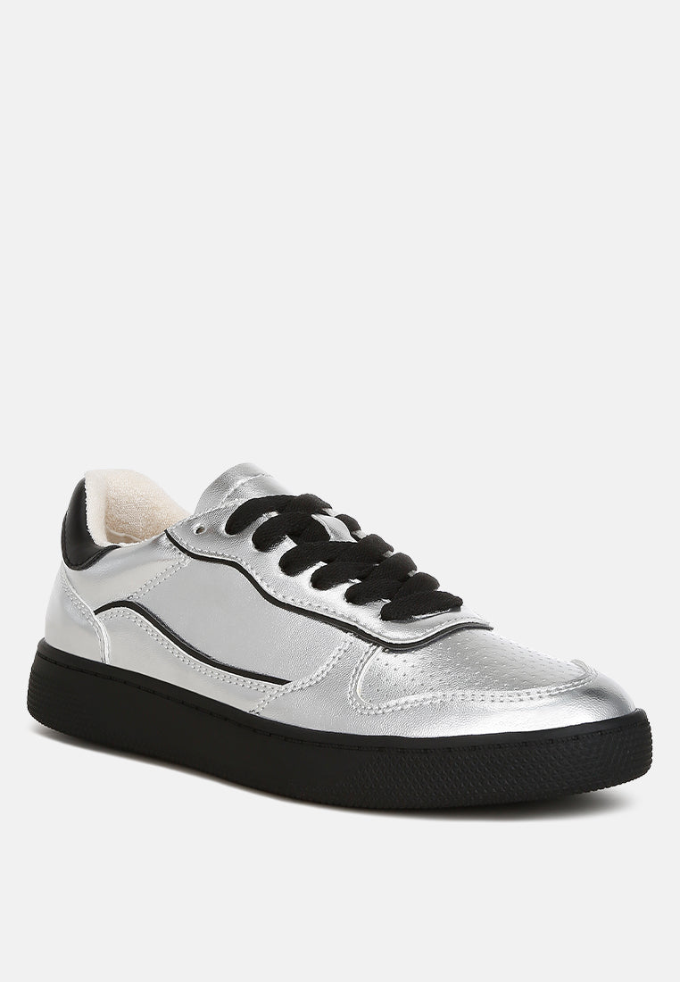 Leather Lace Up Round Toe Black Trainers