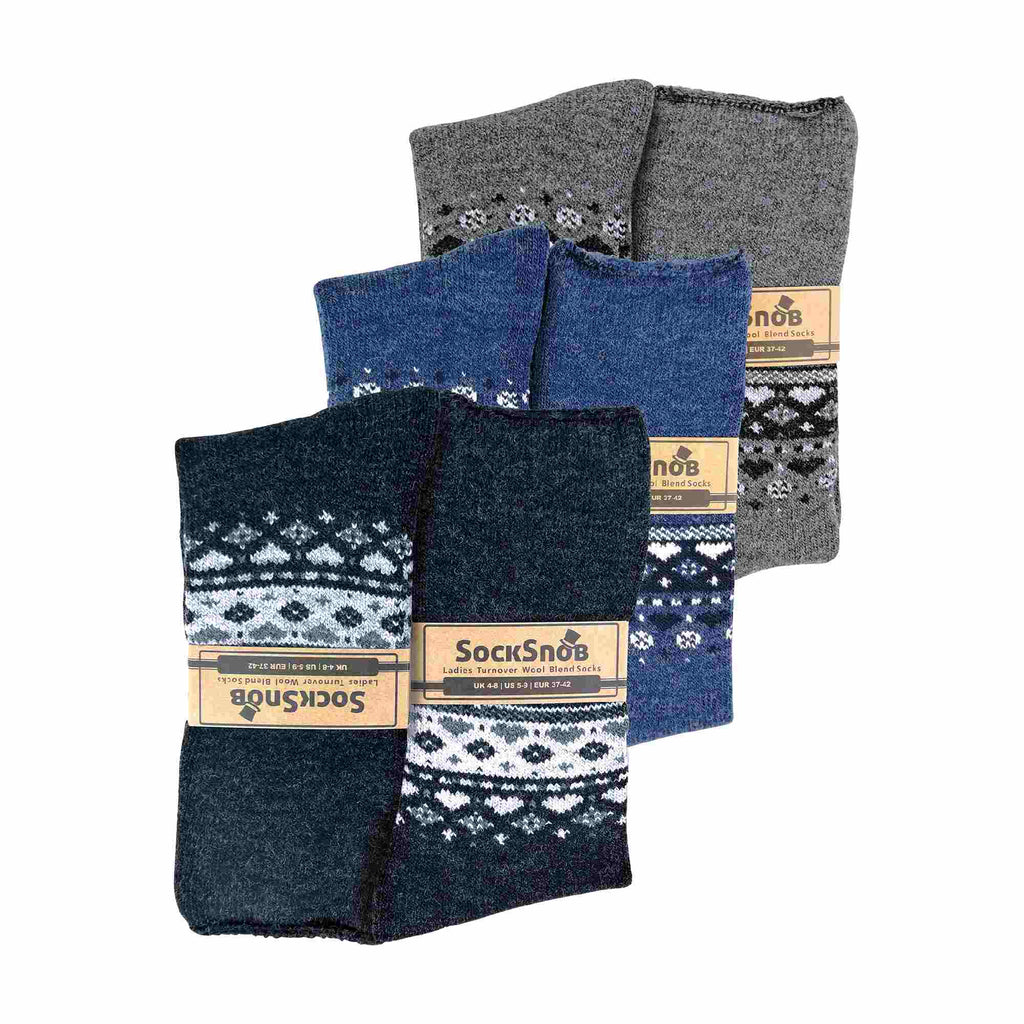 Sock Snob Womens 3 Pack Turnover Top Wool Bed Socks for Winter - Fluffy Nordic Design