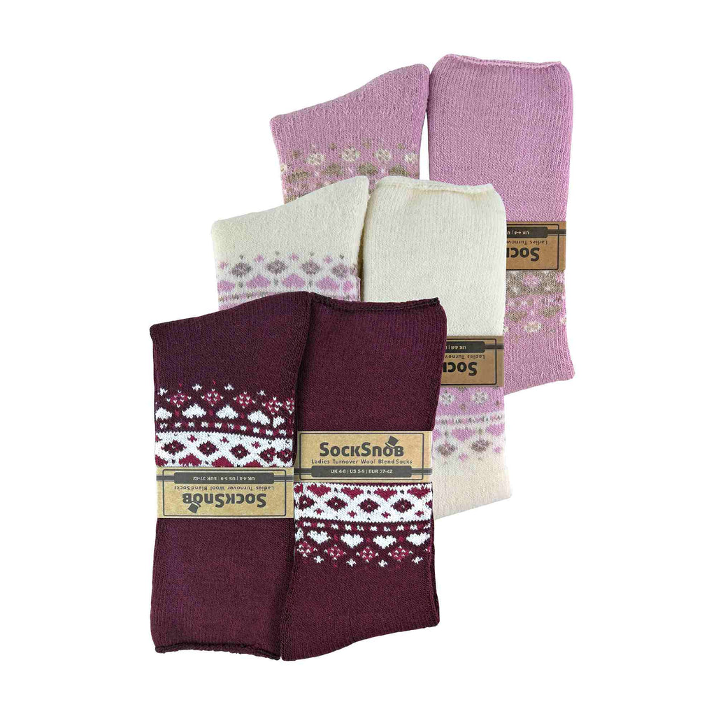 Sock Snob Womens 3 Pack Turnover Top Wool Bed Socks for Winter - Fluffy Nordic Design