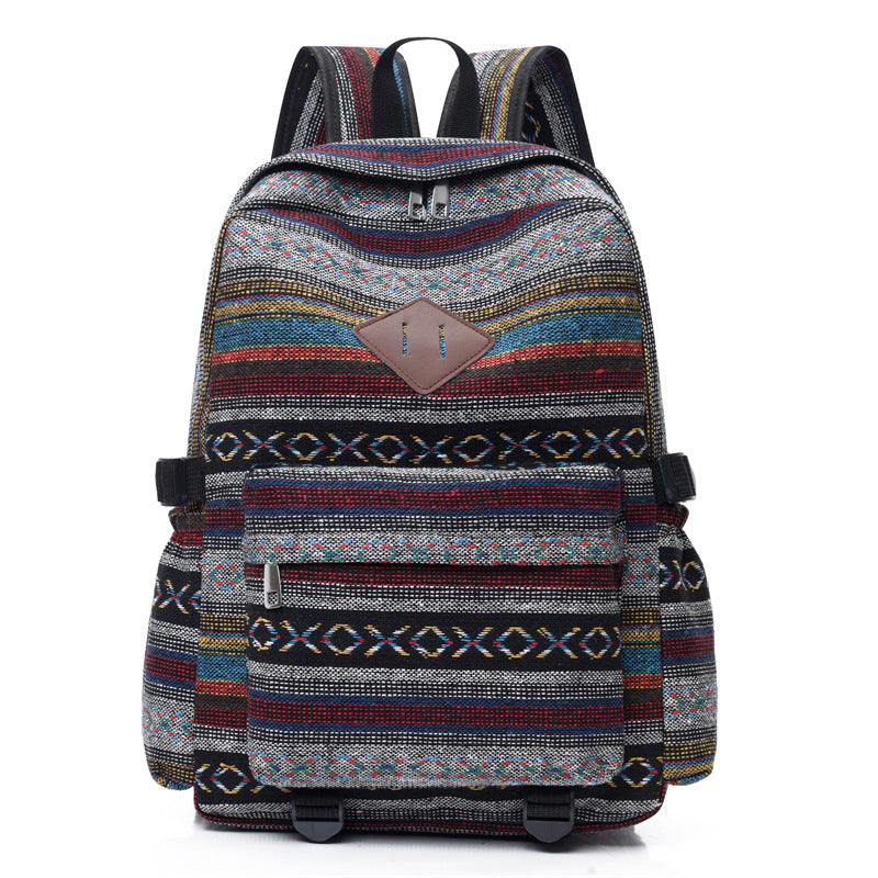 Plaid canvas student backpack side view
