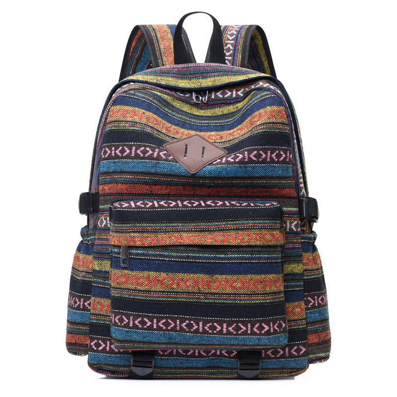 Plaid canvas travel backpack storage detail