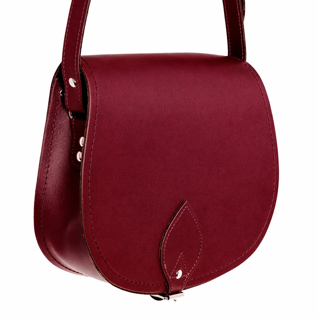 Zatchels Oxblood leather saddle bag angled view