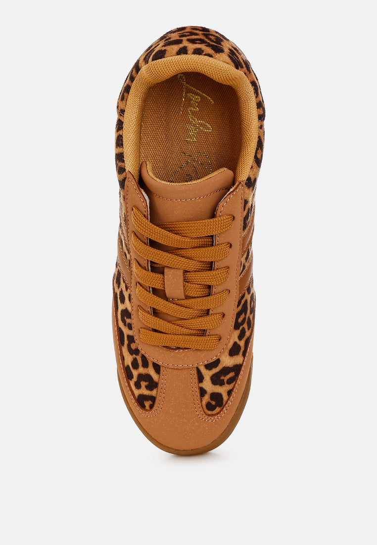 Leather Lace Up Round Toe Leopard Trainers