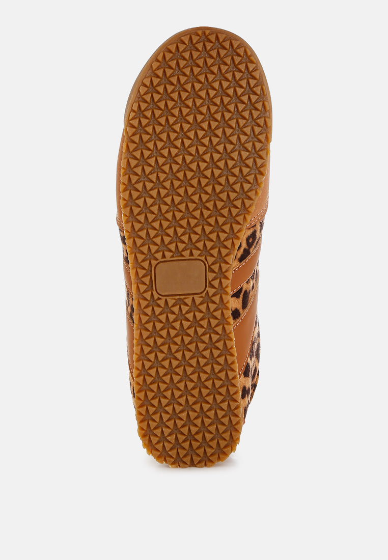 Leather Lace Up Round Toe Leopard Trainers