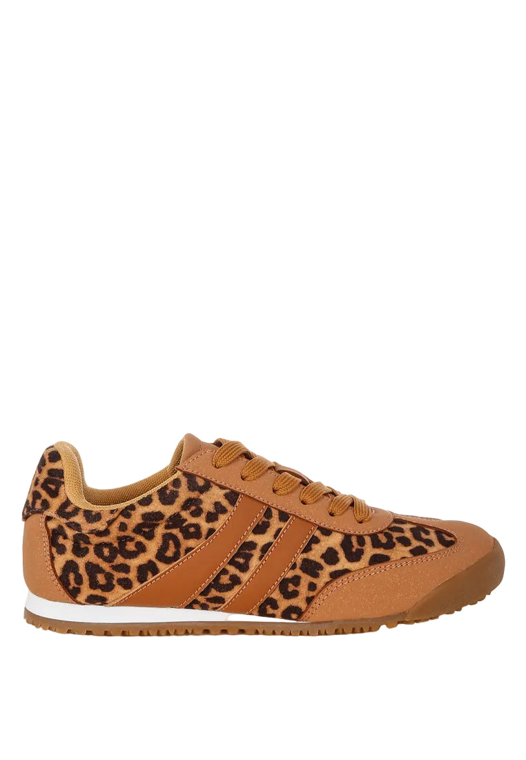 Leather Lace Up Round Toe Leopard Trainers
