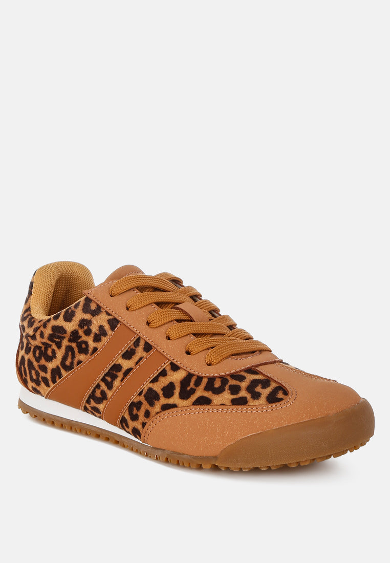 Leather Lace Up Round Toe Leopard Trainers