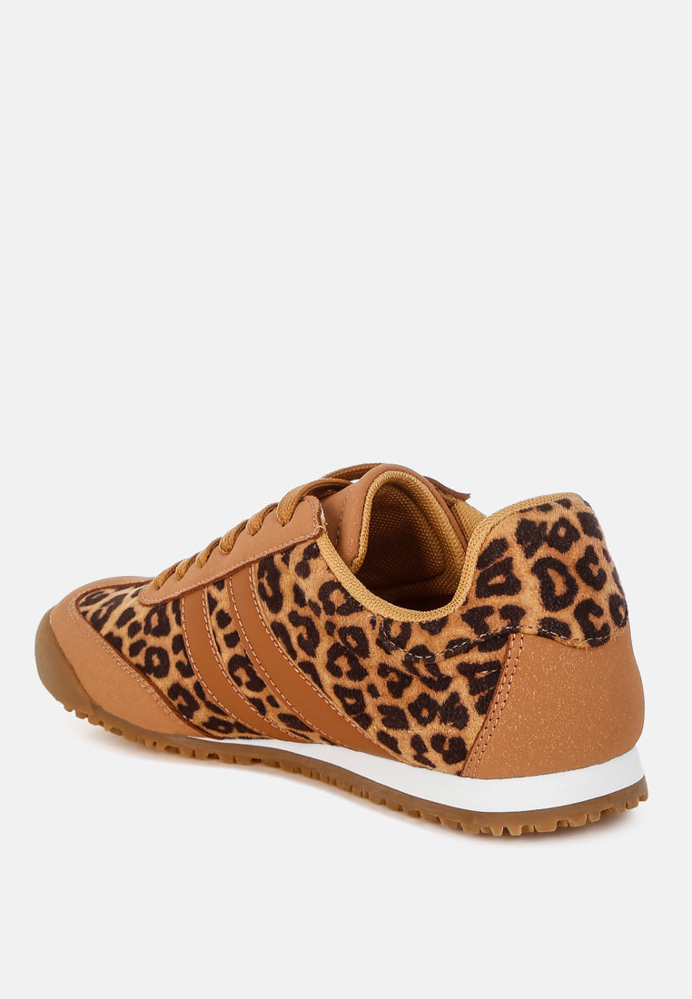 Leather Lace Up Round Toe Leopard Trainers