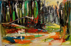 Abstract artwork with colorful brush strokes on a canvas