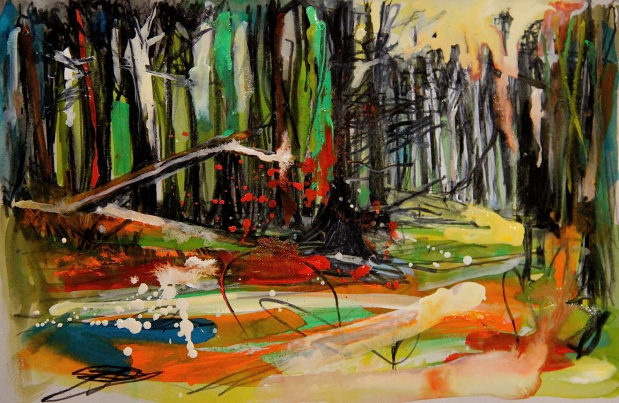 Abstract artwork with colorful brush strokes on a canvas