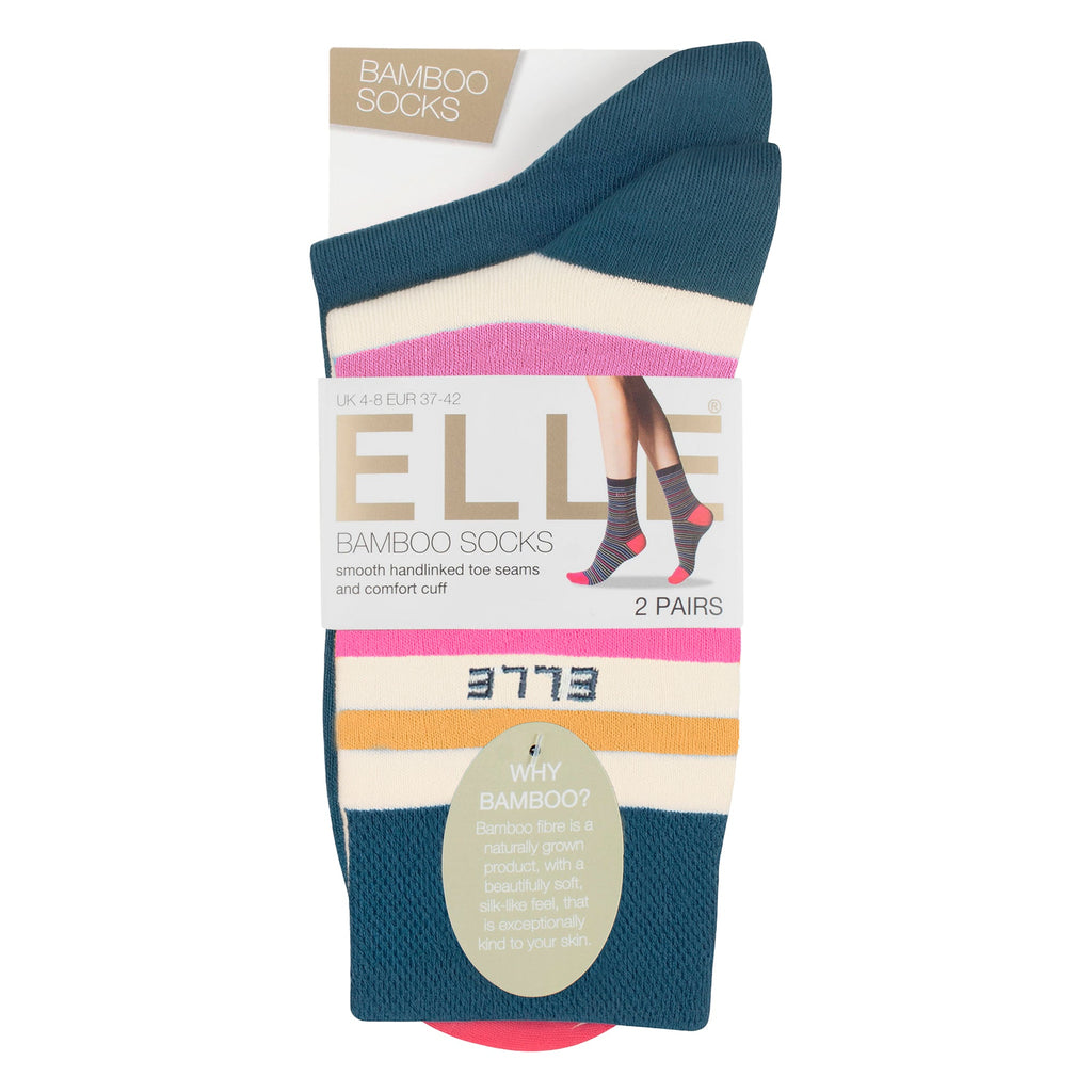 Elle 2 Pack Womens Striped and Plain Bamboo Socks