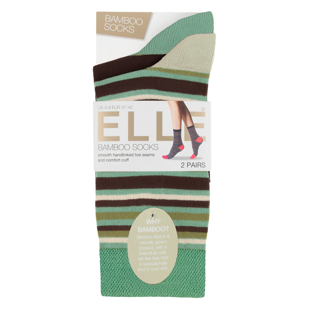 Elle 2 Pack Womens Striped and Plain Bamboo Socks