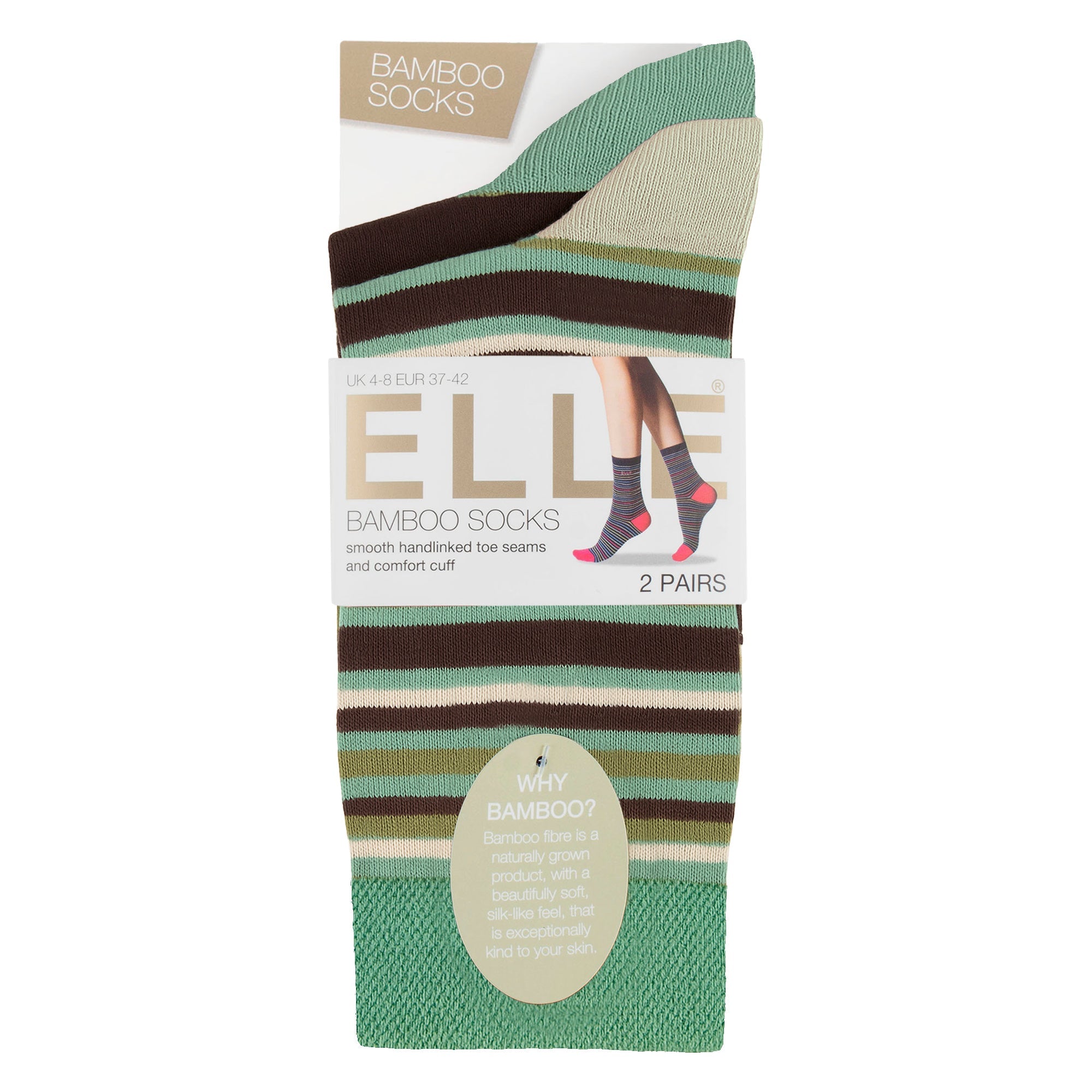 Elle 2 Pack Womens Striped and Plain Bamboo Socks