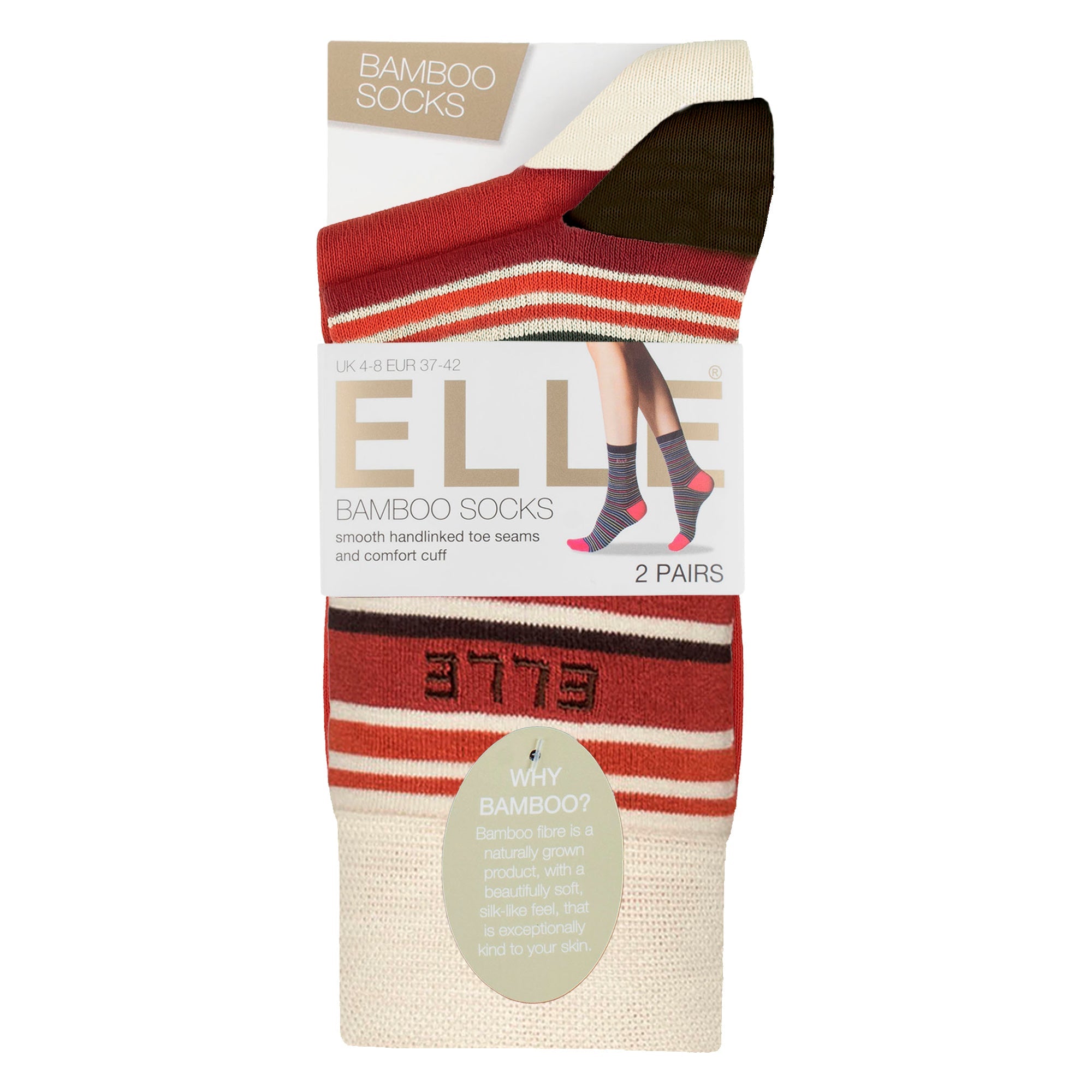 Elle 2 Pack Womens Striped and Plain Bamboo Socks