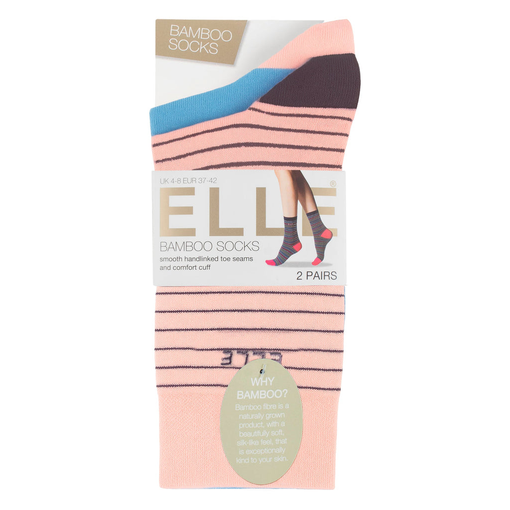 Elle 2 Pack Womens Striped and Plain Bamboo Socks