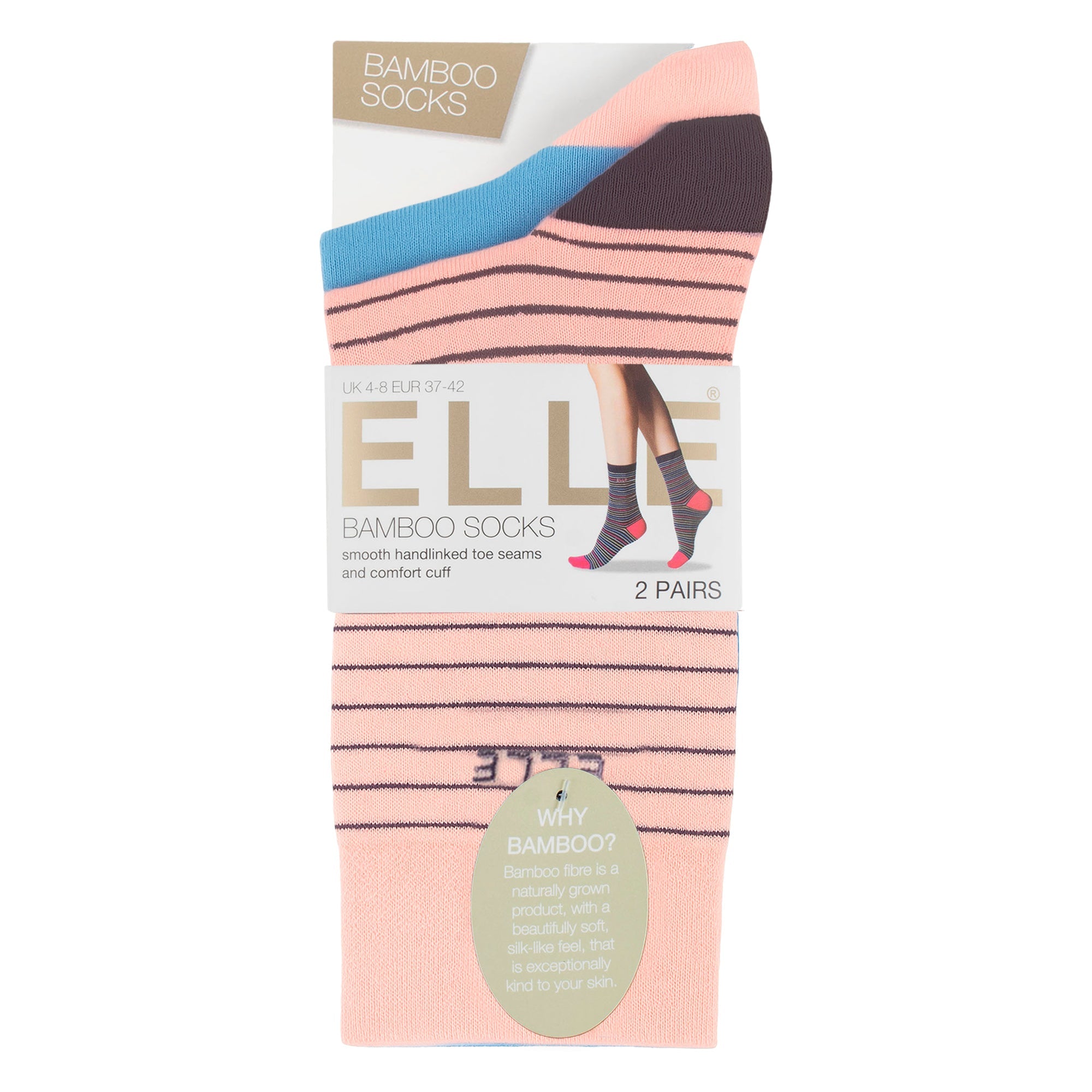 Elle 2 Pack Womens Striped and Plain Bamboo Socks