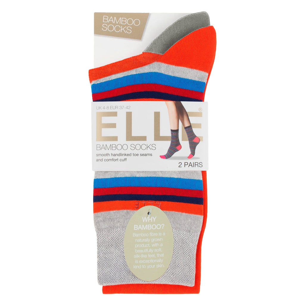 Elle 2 Pack Womens Striped and Plain Bamboo Socks