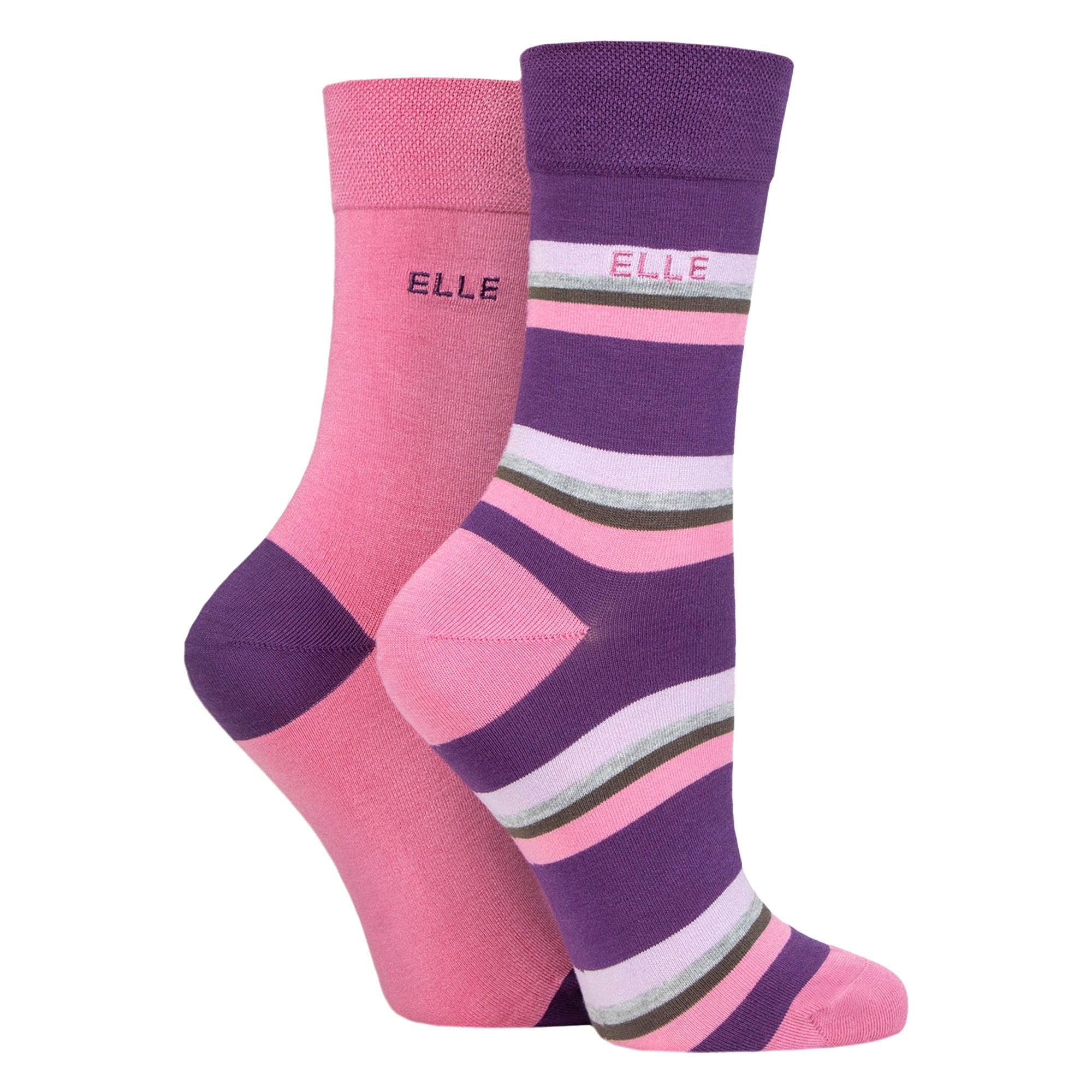 Elle 2 Pack Womens Striped and Plain Bamboo Socks