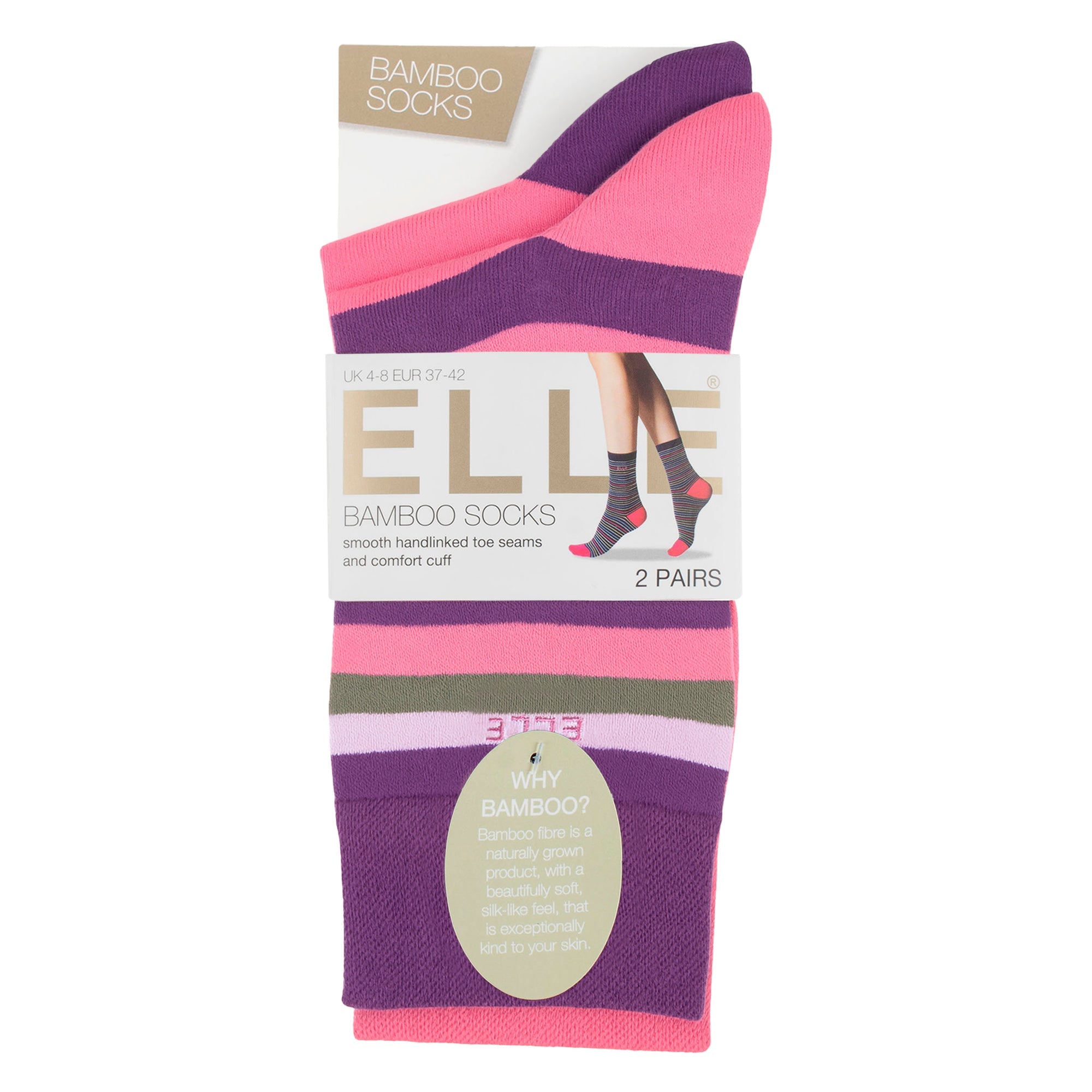 Elle 2 Pack Womens Striped and Plain Bamboo Socks