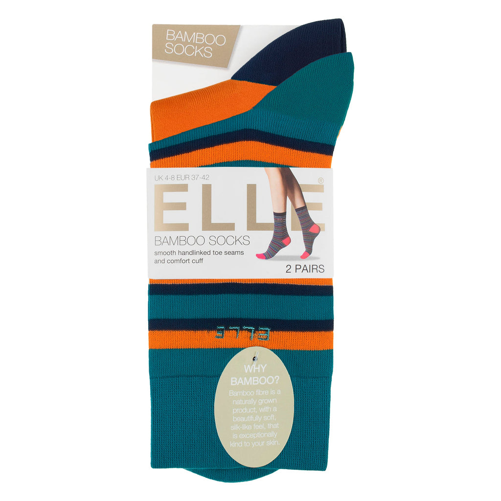 Elle 2 Pack Womens Striped and Plain Bamboo Socks