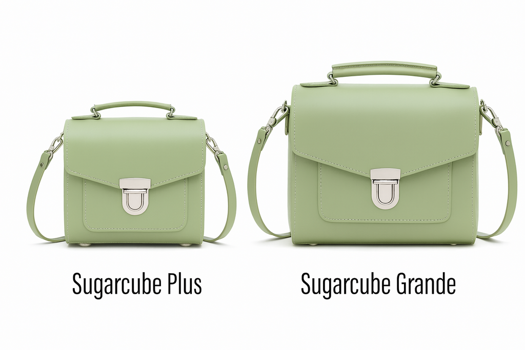 Zatchels Sage Green Sugarcube handbag size guide view