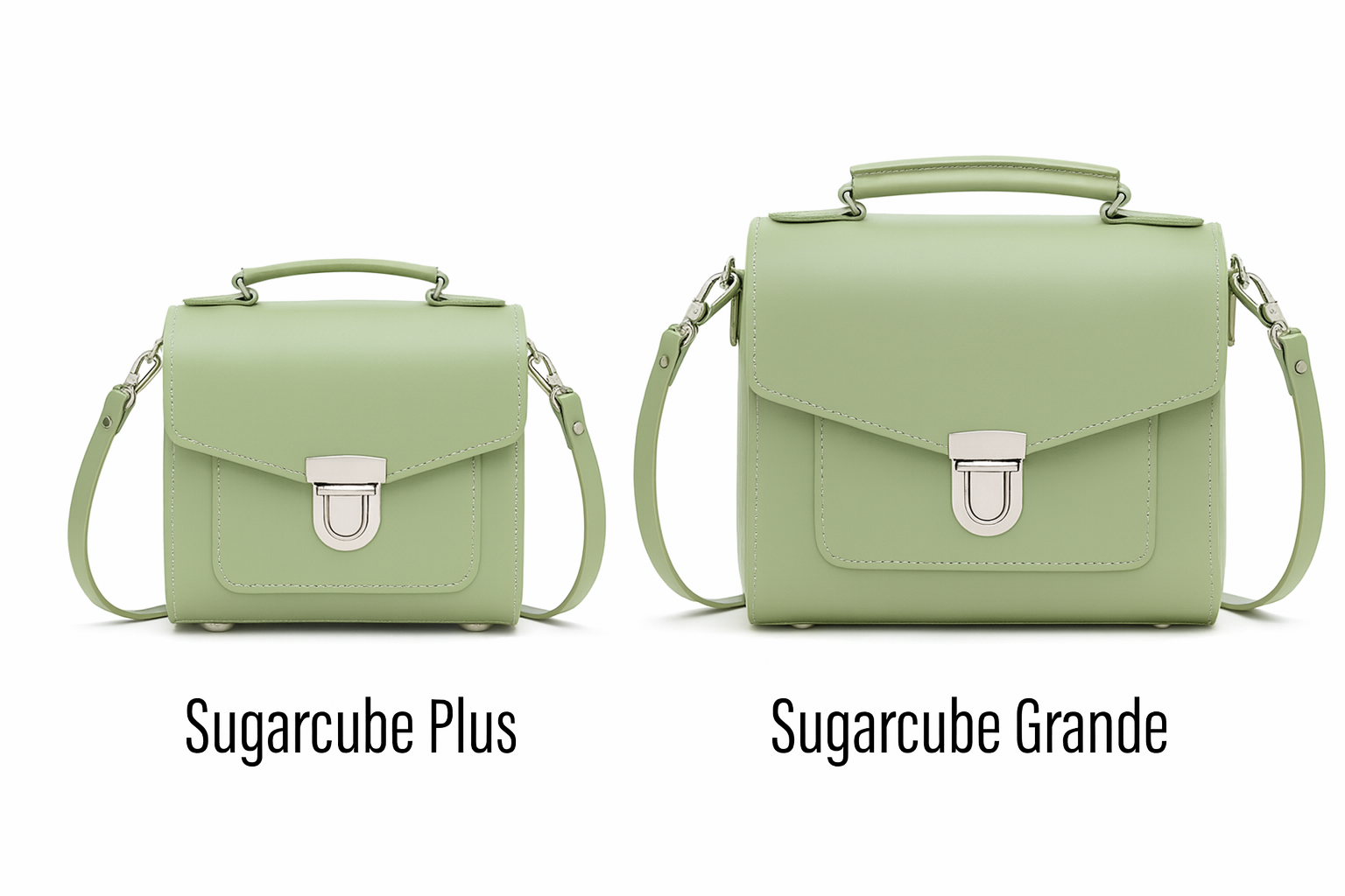 Zatchels Sage Green Sugarcube handbag size guide view