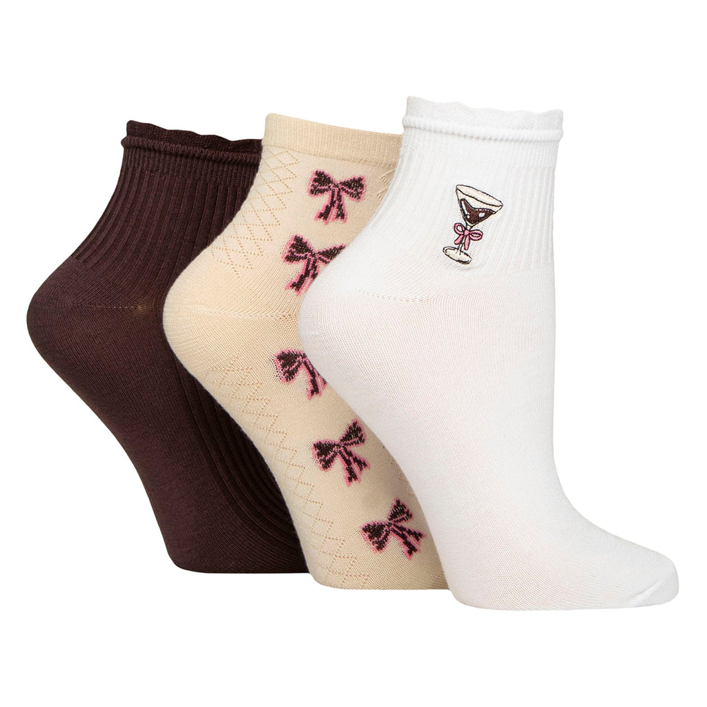Elle 3 Pack Womens Ribbed Anklet Socks with Frill Welt