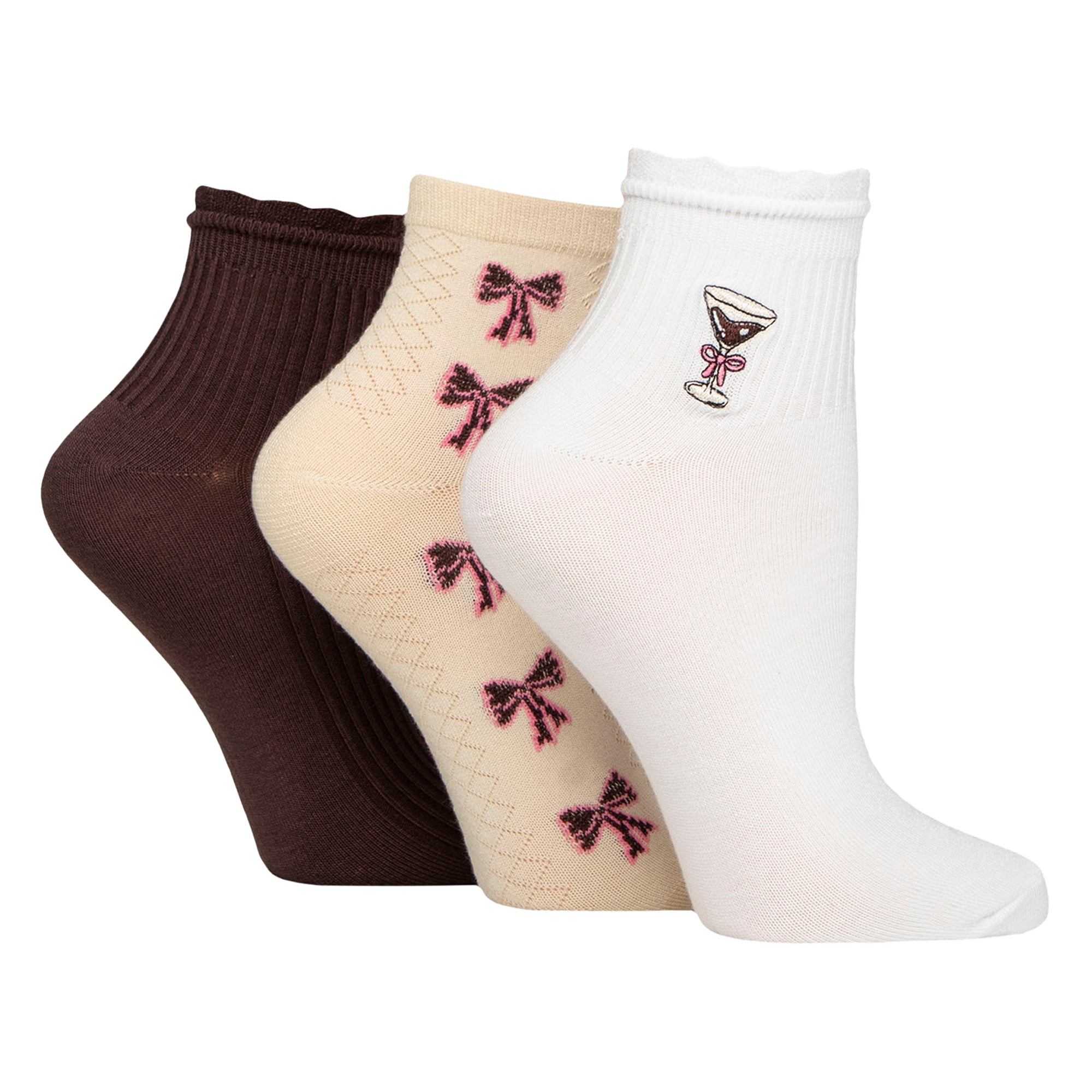 Elle 3 Pack Womens Ribbed Anklet Socks with Frill Welt