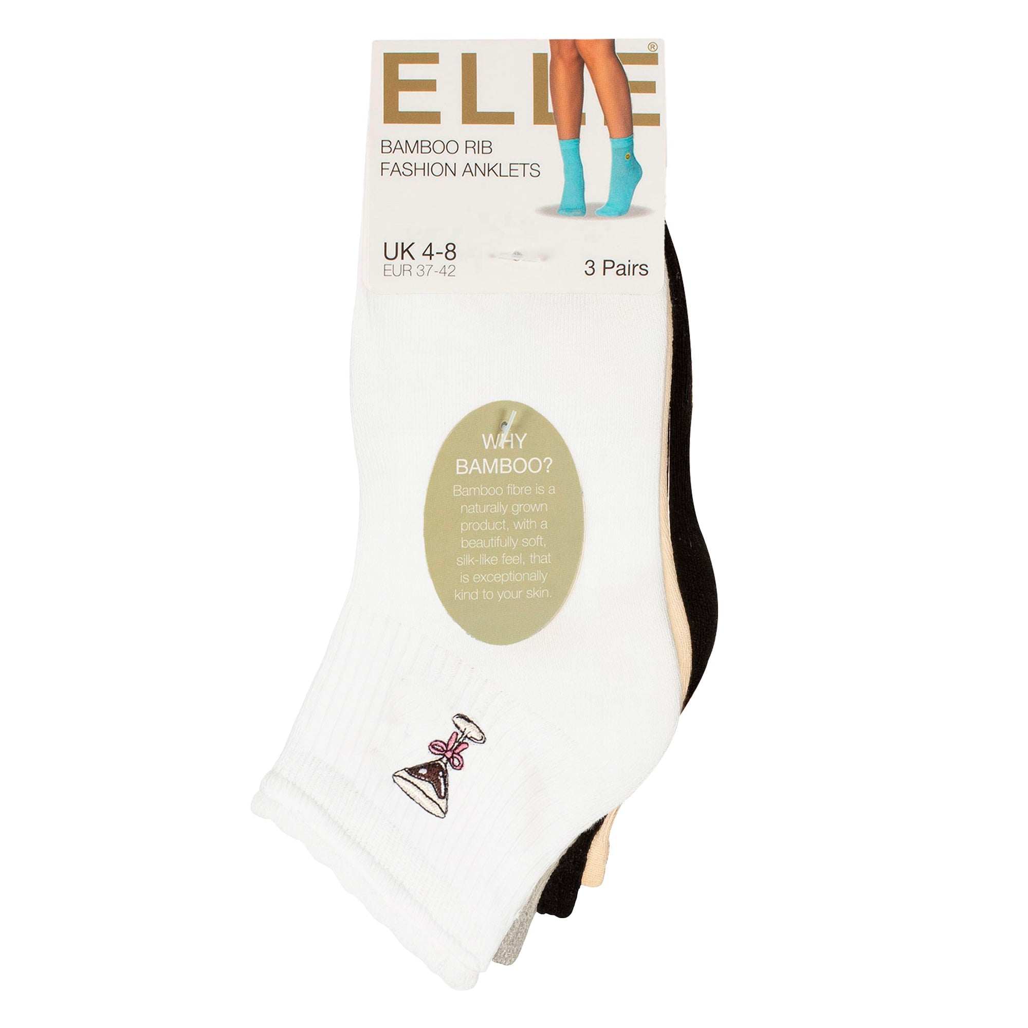 Elle 3 Pack Womens Ribbed Anklet Socks with Frill Welt