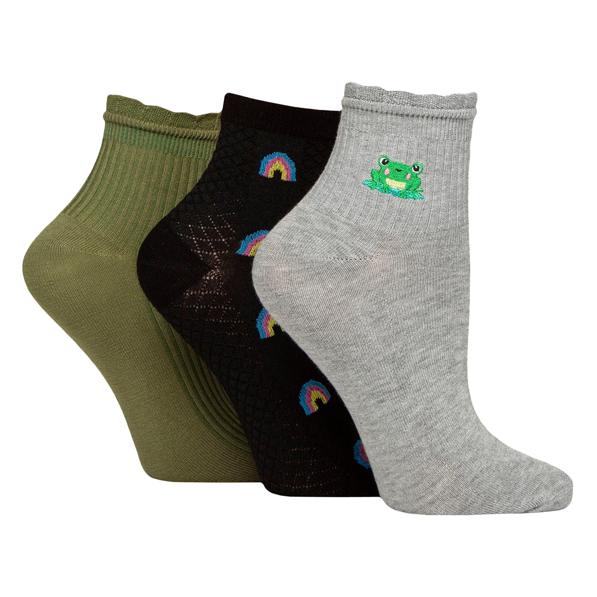 Elle 3 Pack Womens Ribbed Anklet Socks with Frill Welt