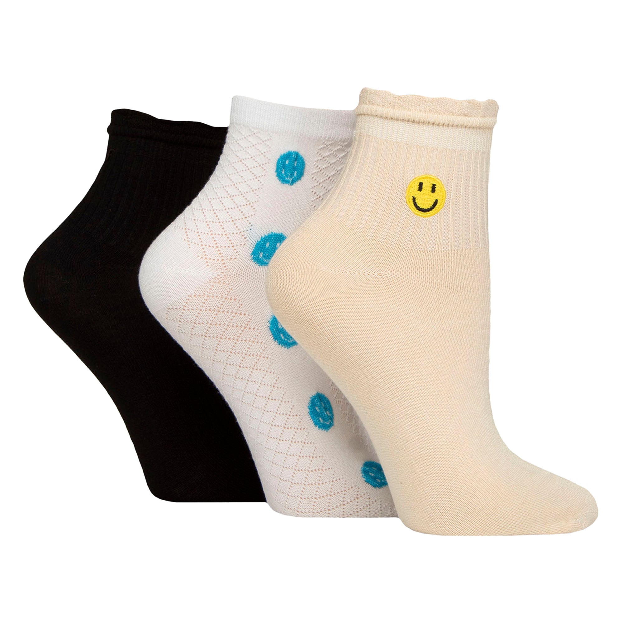 Elle 3 Pack Womens Ribbed Anklet Socks with Frill Welt