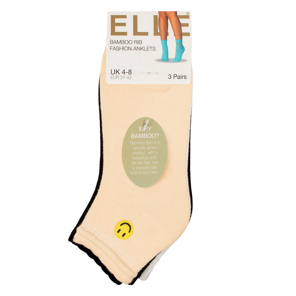 Elle 3 Pack Womens Ribbed Anklet Socks with Frill Welt