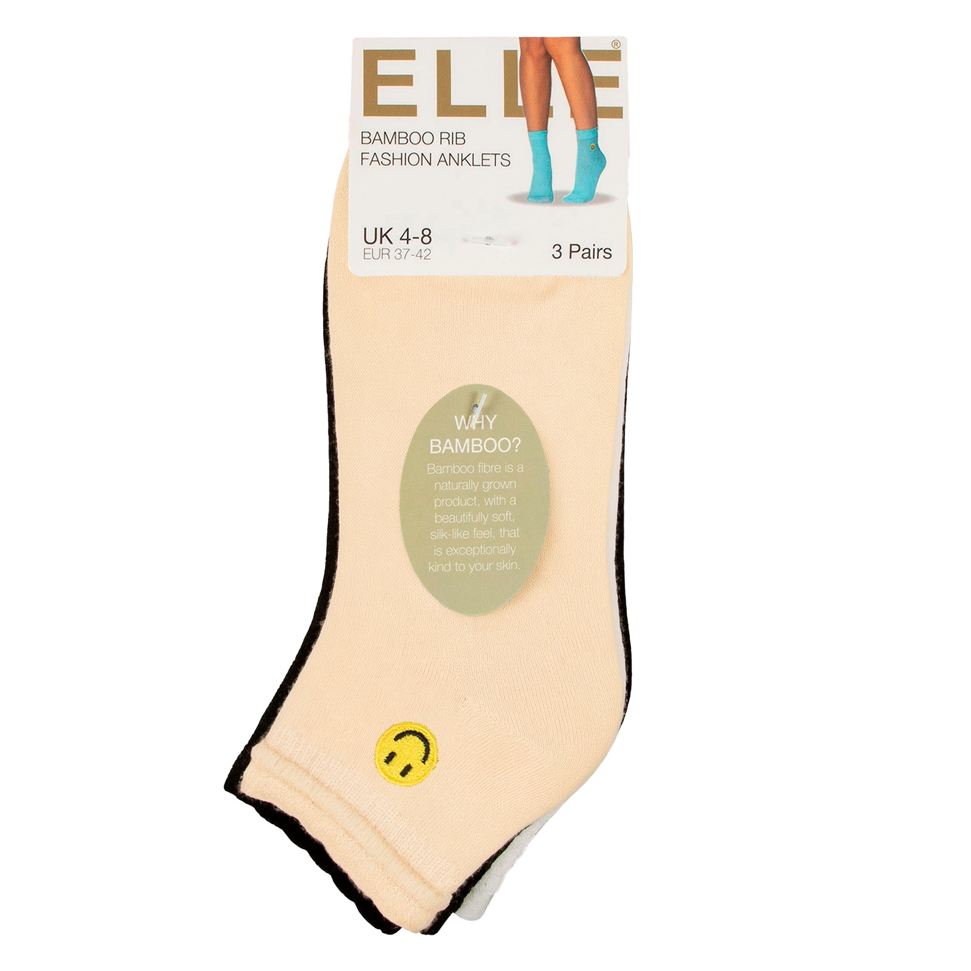 Elle 3 Pack Womens Ribbed Anklet Socks with Frill Welt