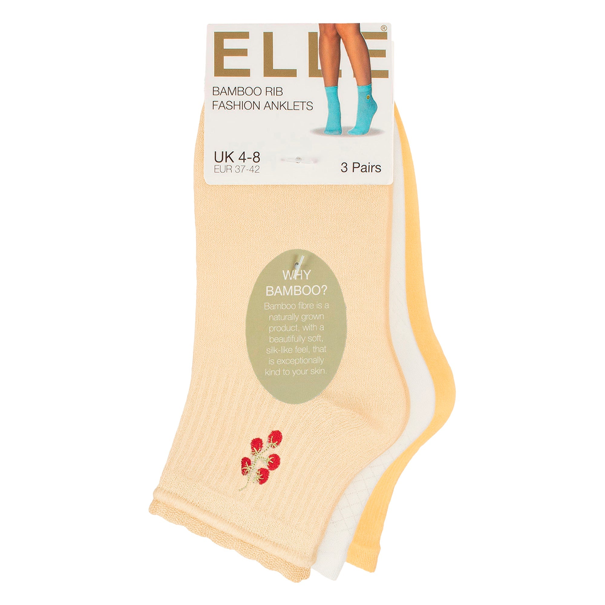 Elle 3 Pack Womens Ribbed Anklet Socks with Frill Welt