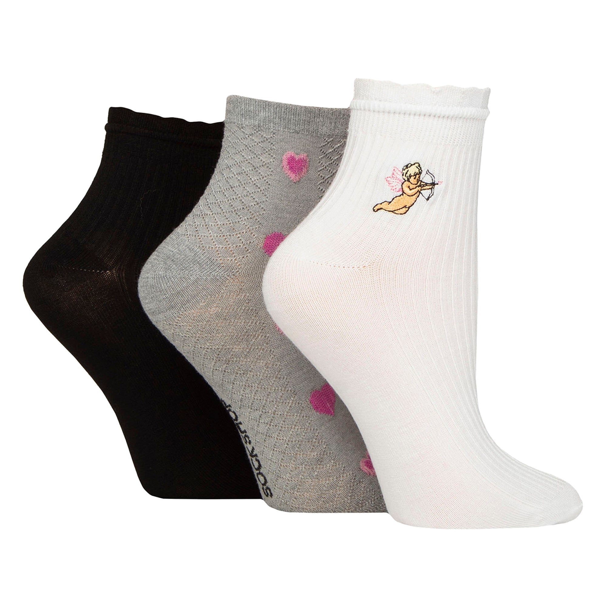 Elle 3 Pack Womens Ribbed Anklet Socks with Frill Welt