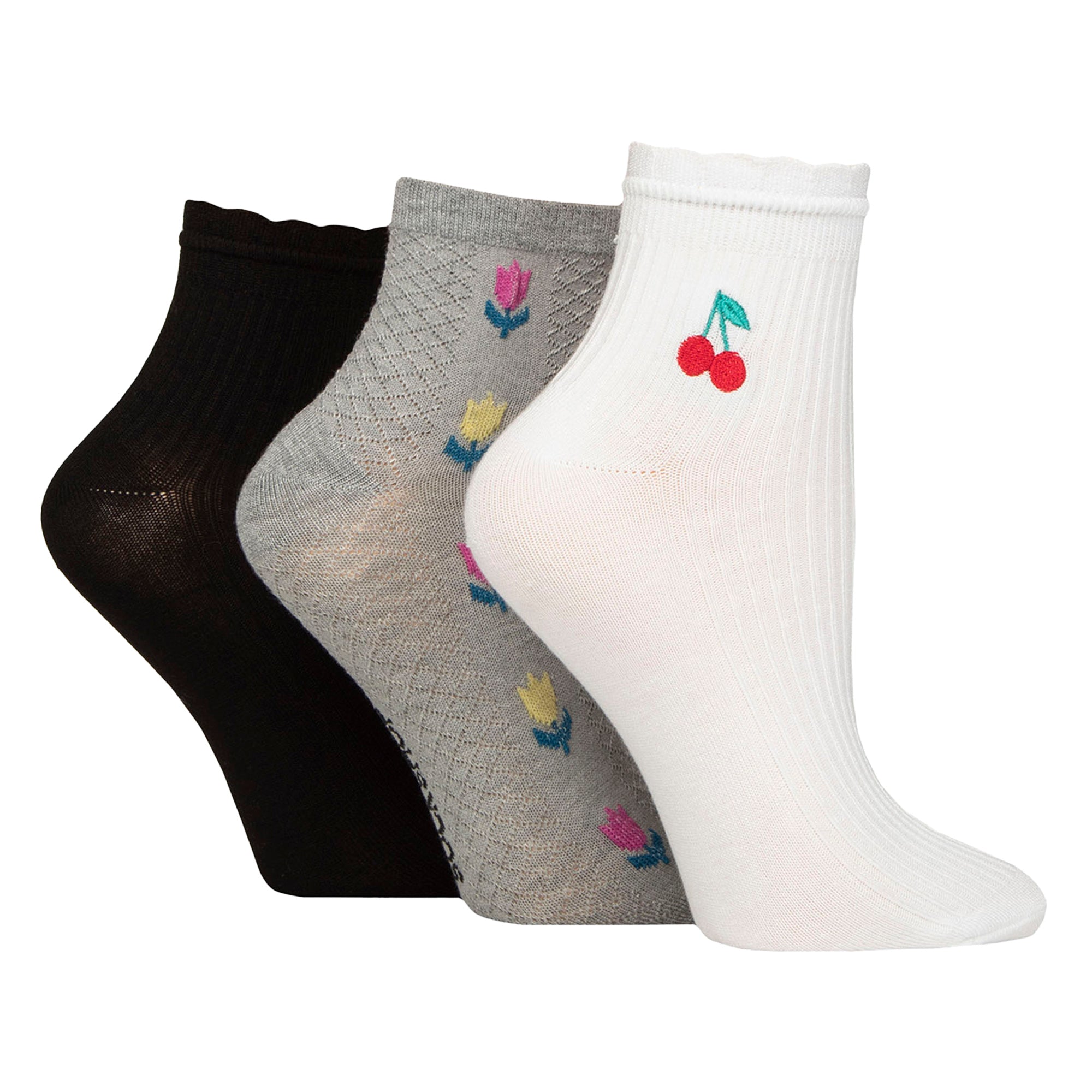 Elle 3 Pack Womens Ribbed Anklet Socks with Frill Welt