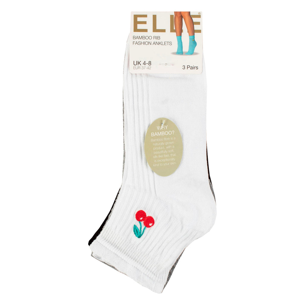 Elle 3 Pack Womens Ribbed Anklet Socks with Frill Welt