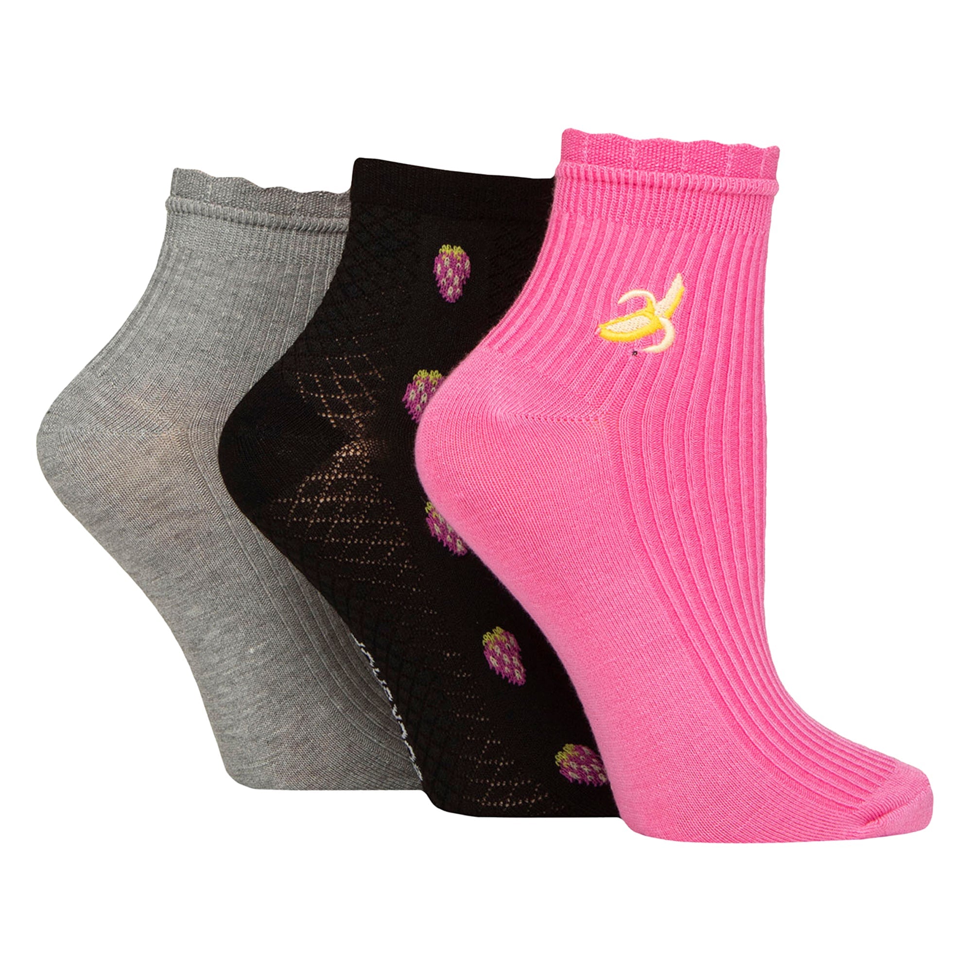 Elle 3 Pack Womens Ribbed Anklet Socks with Frill Welt