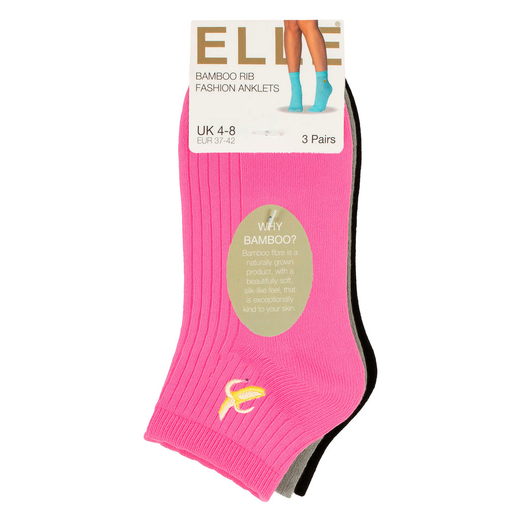 Elle 3 Pack Womens Ribbed Anklet Socks with Frill Welt