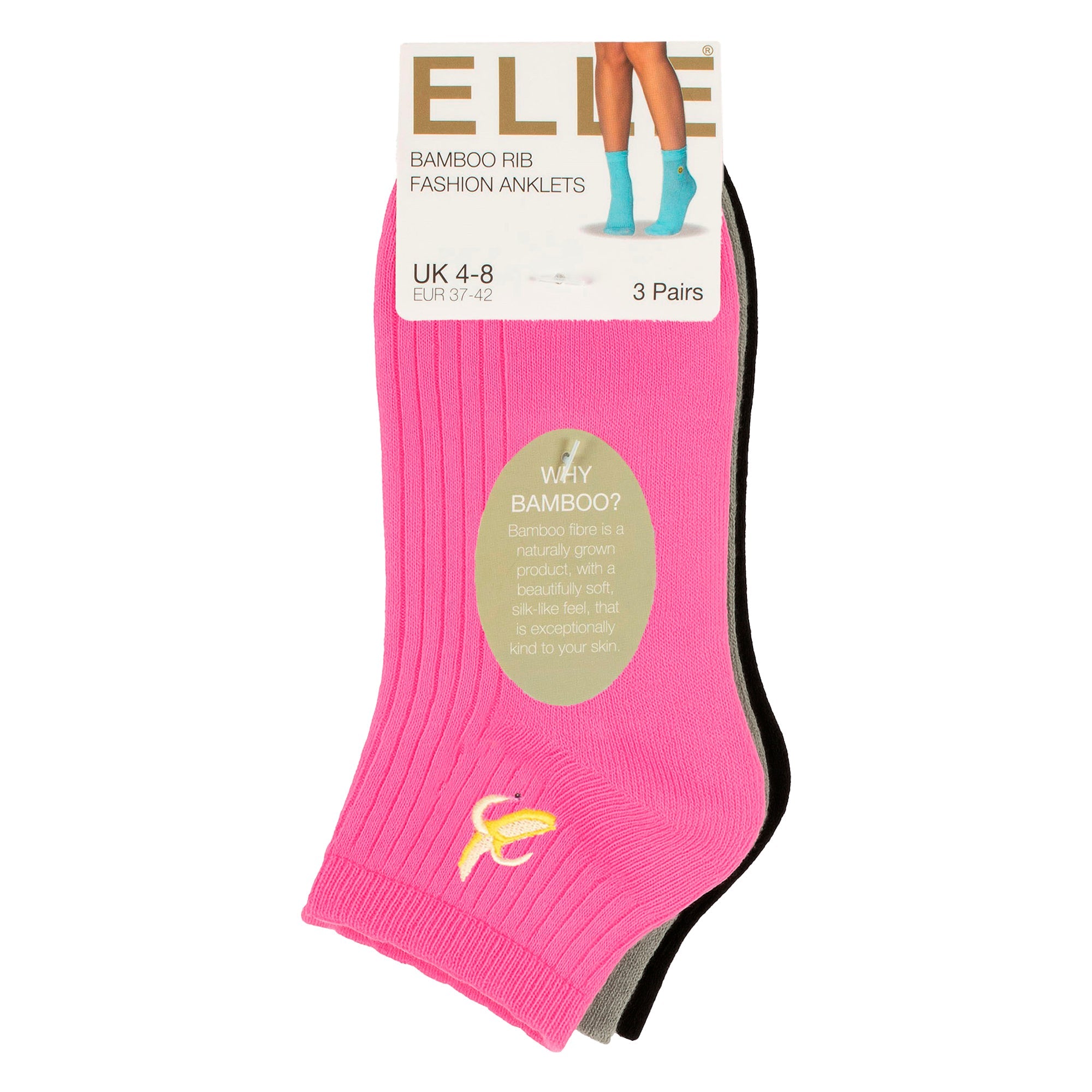 Elle 3 Pack Womens Ribbed Anklet Socks with Frill Welt