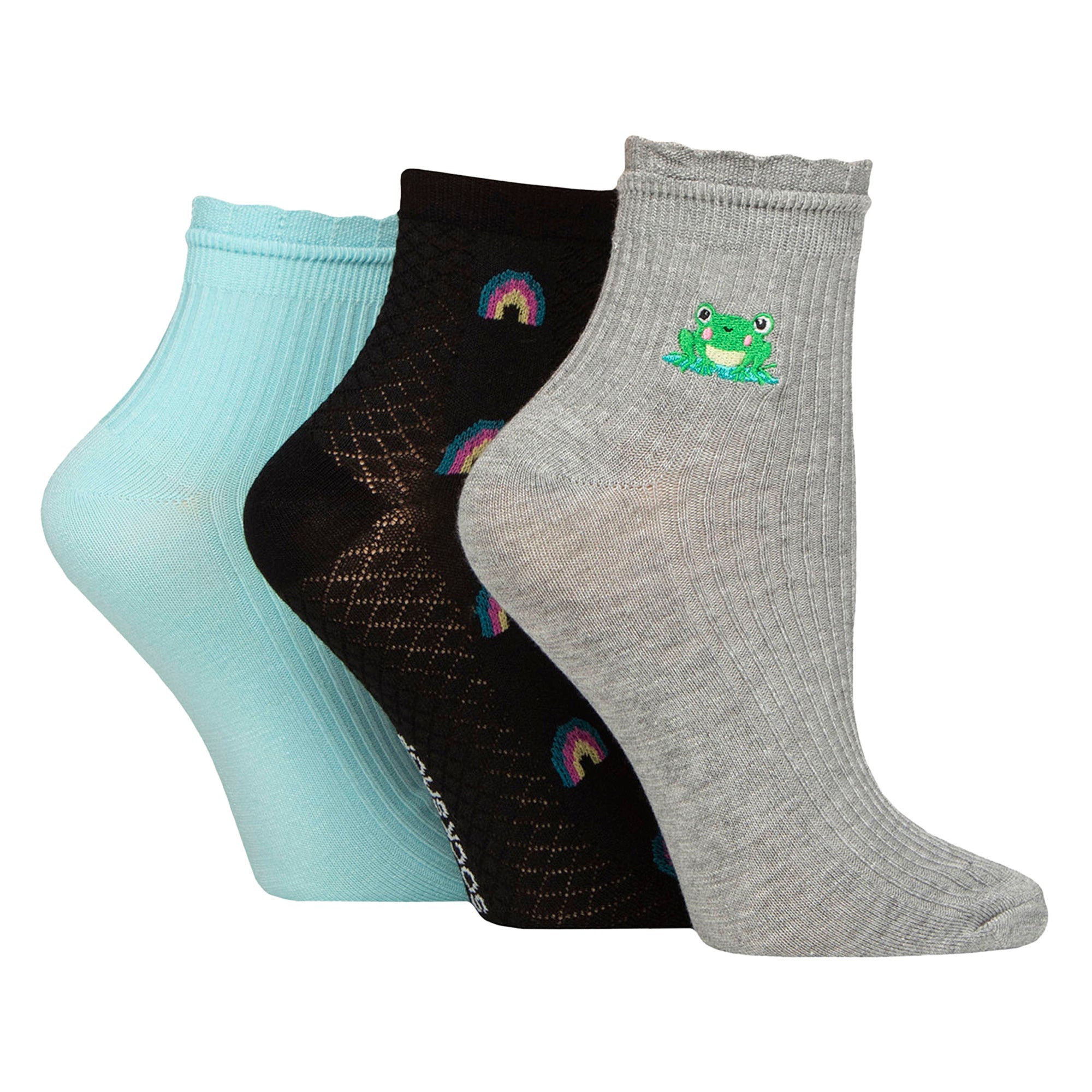 Elle 3 Pack Womens Ribbed Anklet Socks with Frill Welt