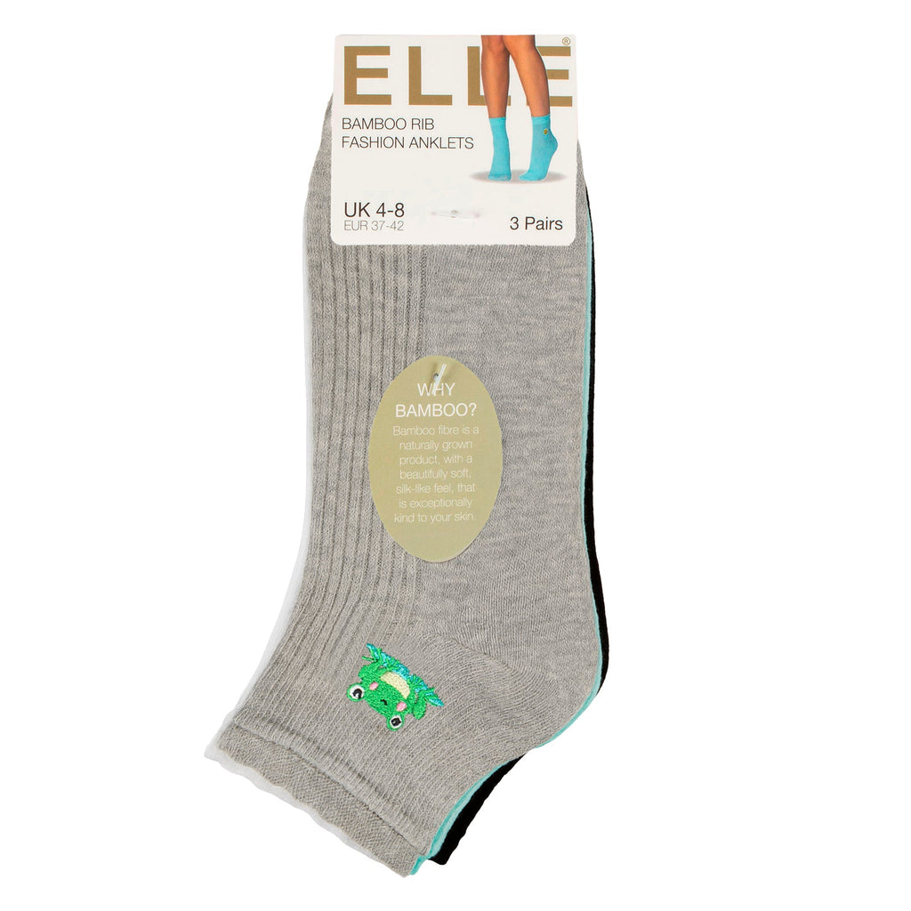 Elle 3 Pack Womens Ribbed Anklet Socks with Frill Welt